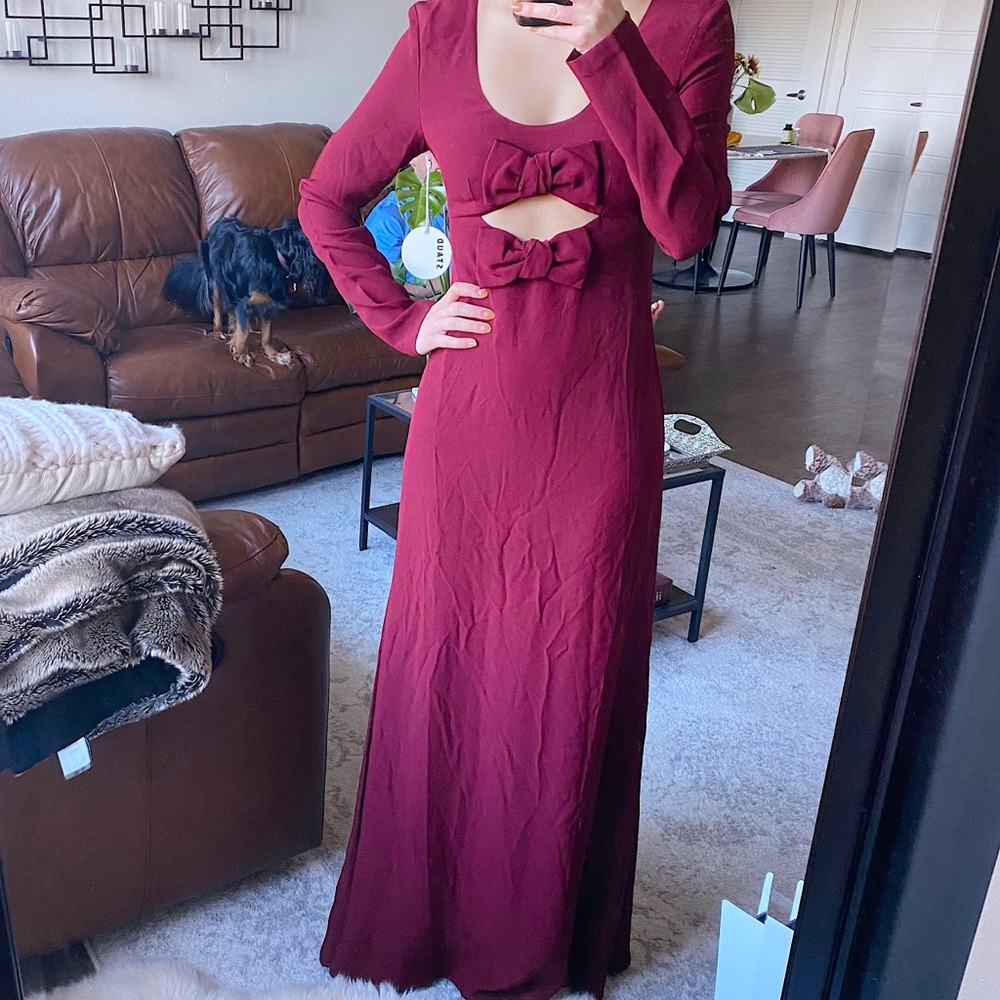 NWT STAUD Women's Lido Maxi Dress Red Garnet Bow Cutout long sleeve Dress 2 - Picture 4 of 8